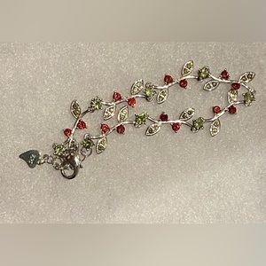 Dainty Sterling Silver Garnet and Peridot Rose Flower Bracelet 7.25” + 1”